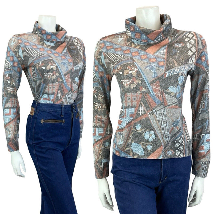 VTG 60S 70S BLACK RED BLUE LUREX GEOMETRIC FLORA BIRD PARTY TURTLENECK TOP 8