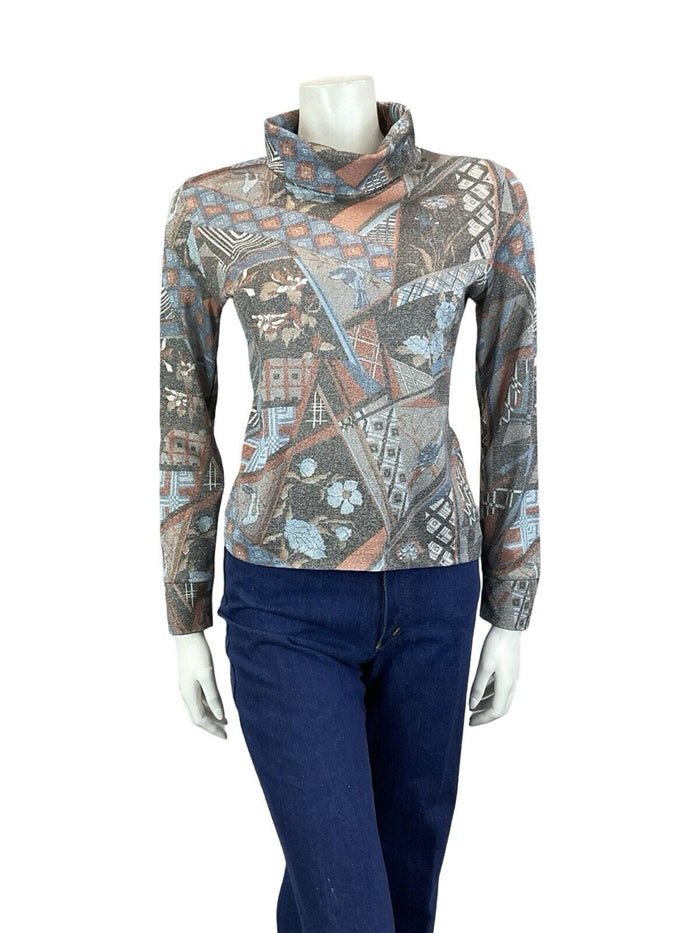 VTG 60S 70S BLACK RED BLUE LUREX GEOMETRIC FLORA BIRD PARTY TURTLENECK TOP 8