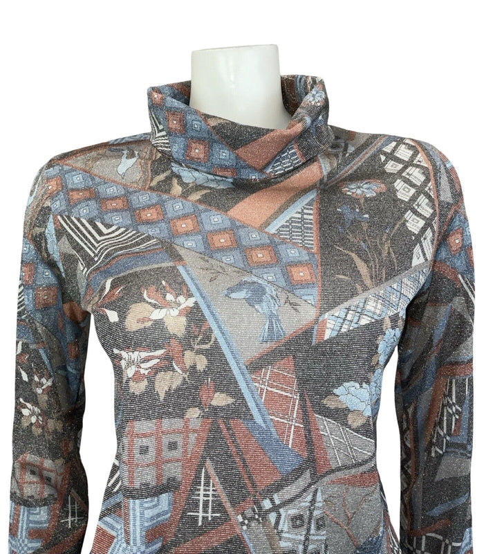VTG 60S 70S BLACK RED BLUE LUREX GEOMETRIC FLORA BIRD PARTY TURTLENECK TOP 8