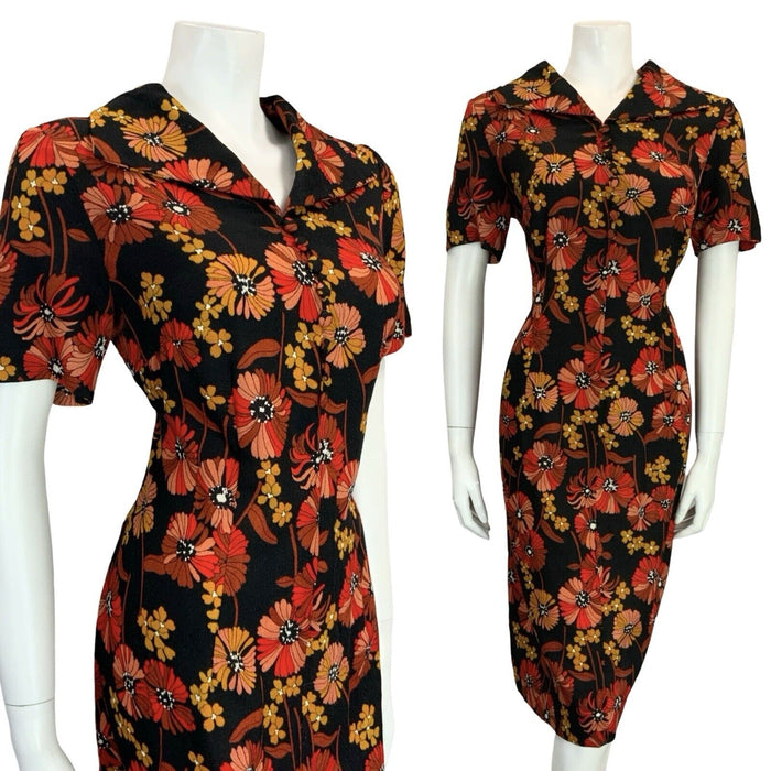 VTG 60S 70S BLACK RED BROWN YELLOW FLORAL OPEN COLLAR SHIRT DRESS 14 16