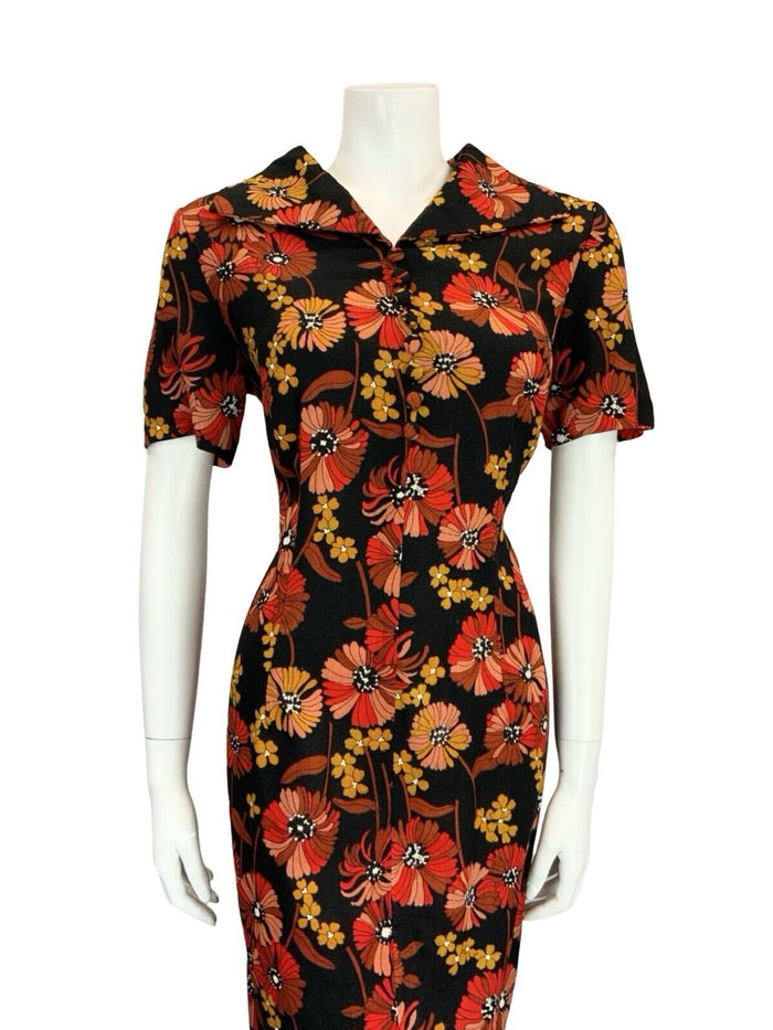 VTG 60S 70S BLACK RED BROWN YELLOW FLORAL OPEN COLLAR SHIRT DRESS 14 16
