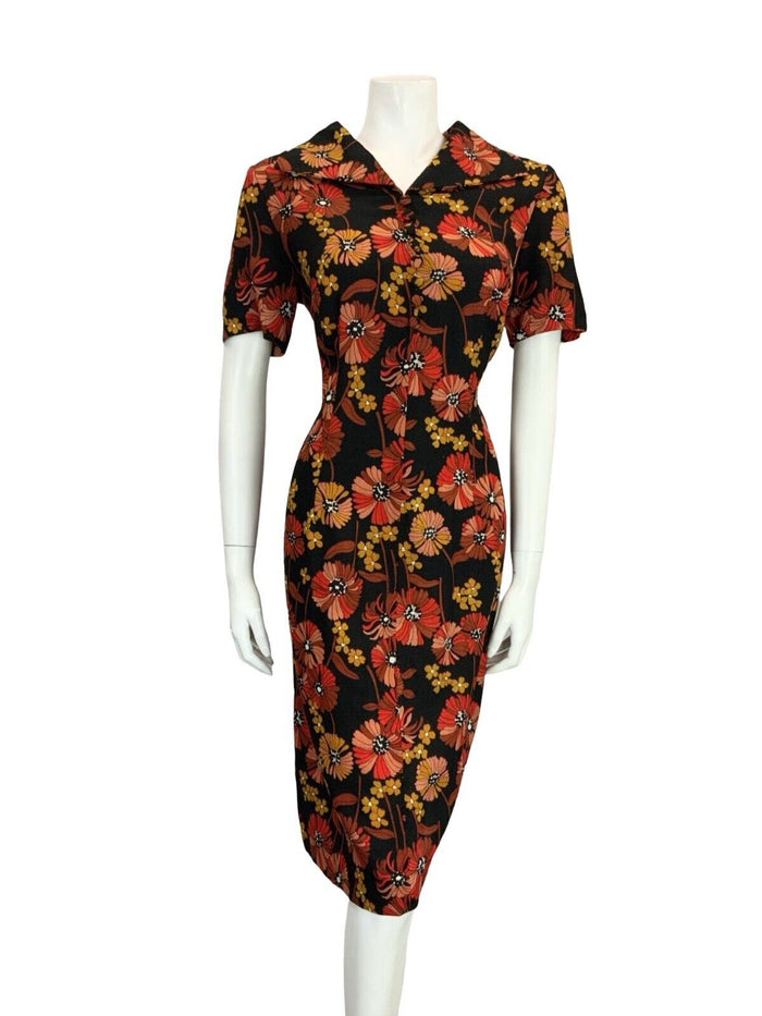 VTG 60S 70S BLACK RED BROWN YELLOW FLORAL OPEN COLLAR SHIRT DRESS 14 16