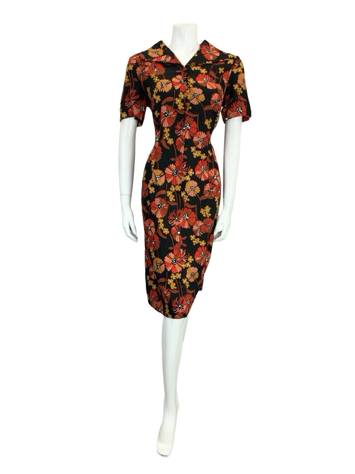 VTG 60S 70S BLACK RED BROWN YELLOW FLORAL OPEN COLLAR SHIRT DRESS 14 16