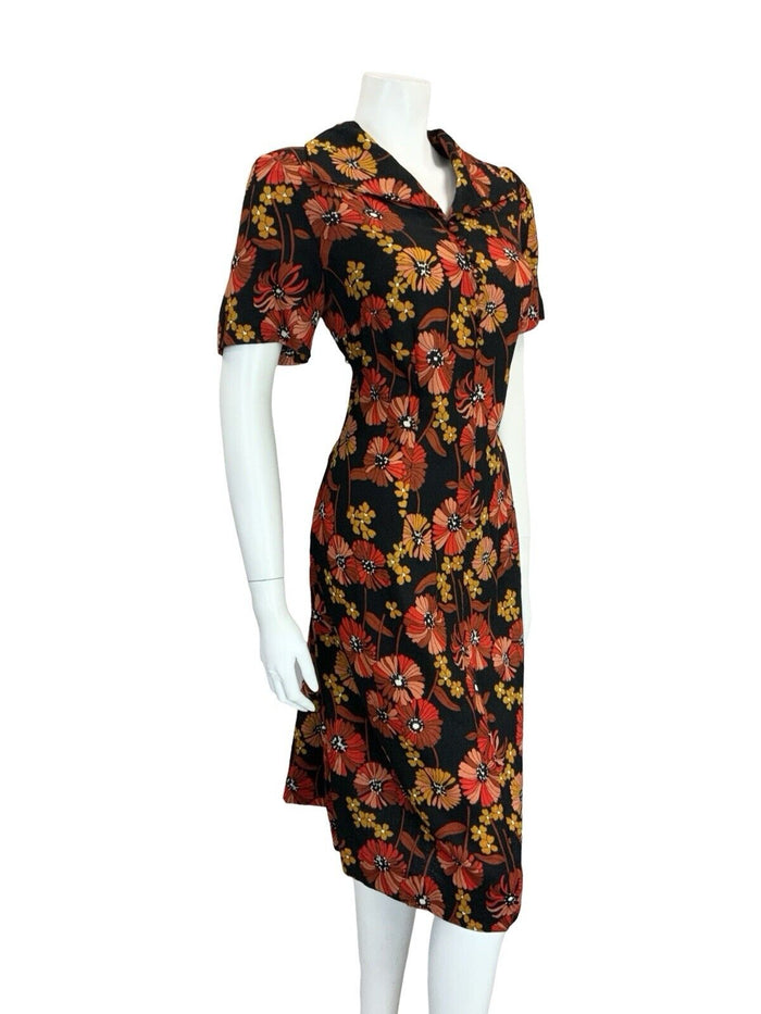 VTG 60S 70S BLACK RED BROWN YELLOW FLORAL OPEN COLLAR SHIRT DRESS 14 16