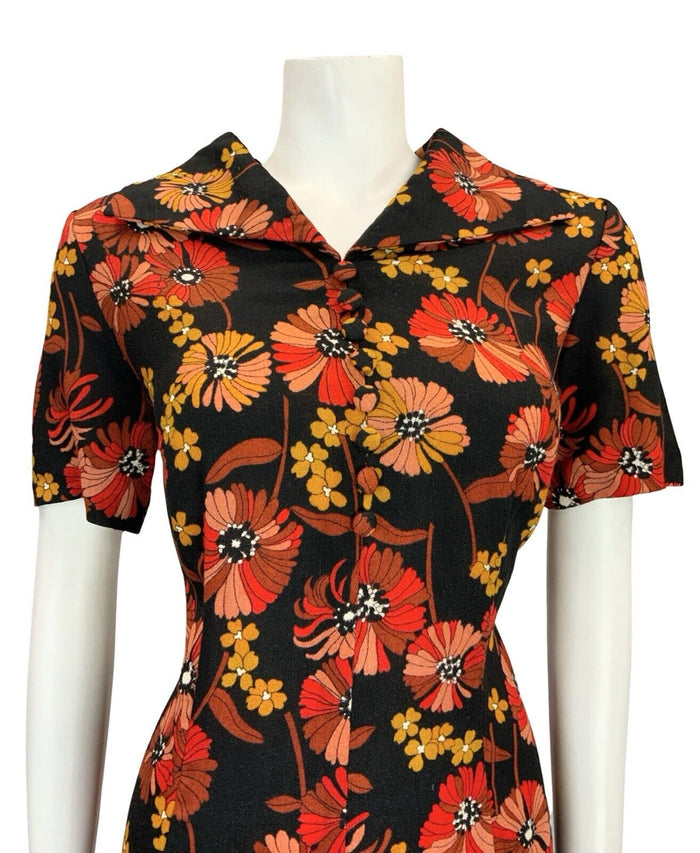 VTG 60S 70S BLACK RED BROWN YELLOW FLORAL OPEN COLLAR SHIRT DRESS 14 16