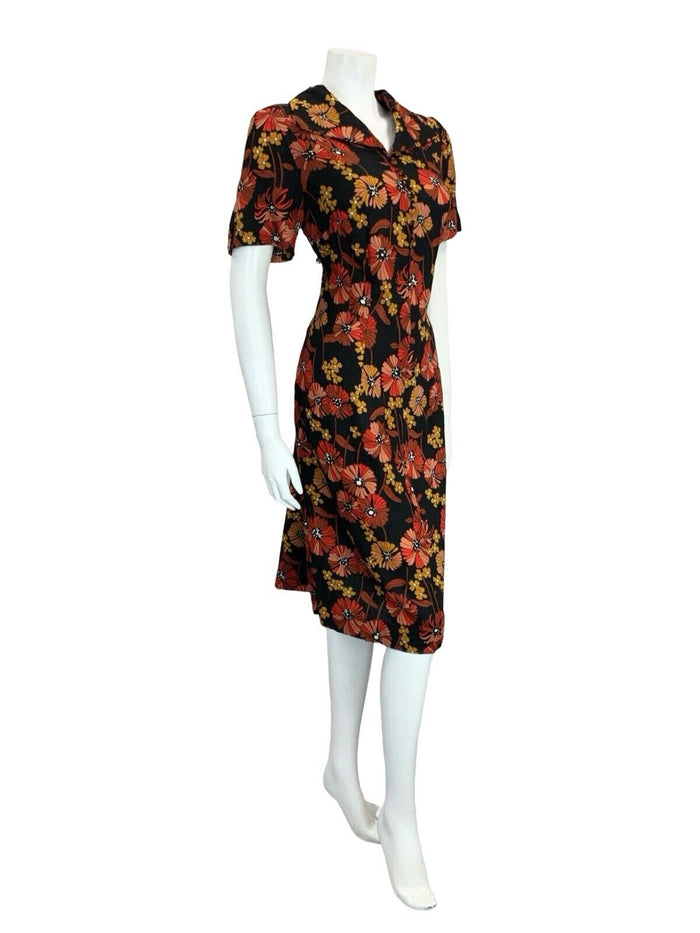 VTG 60S 70S BLACK RED BROWN YELLOW FLORAL OPEN COLLAR SHIRT DRESS 14 16