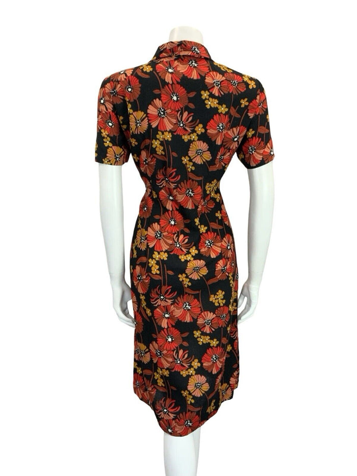 VTG 60S 70S BLACK RED BROWN YELLOW FLORAL OPEN COLLAR SHIRT DRESS 14 16