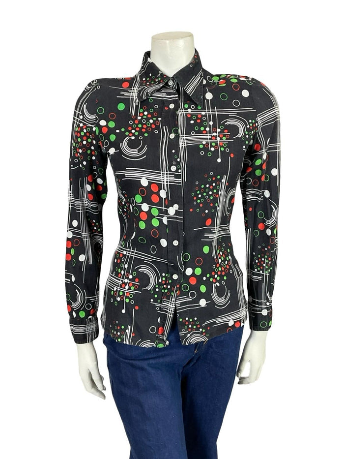 VTG 60S 70S BLACK RED GREEN BLUE PEROCHE MOD GEOMETRIC DAGGER COLLAR SHIRT 8