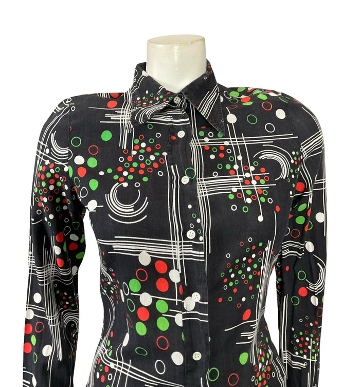 VTG 60S 70S BLACK RED GREEN BLUE PEROCHE MOD GEOMETRIC DAGGER COLLAR SHIRT 8