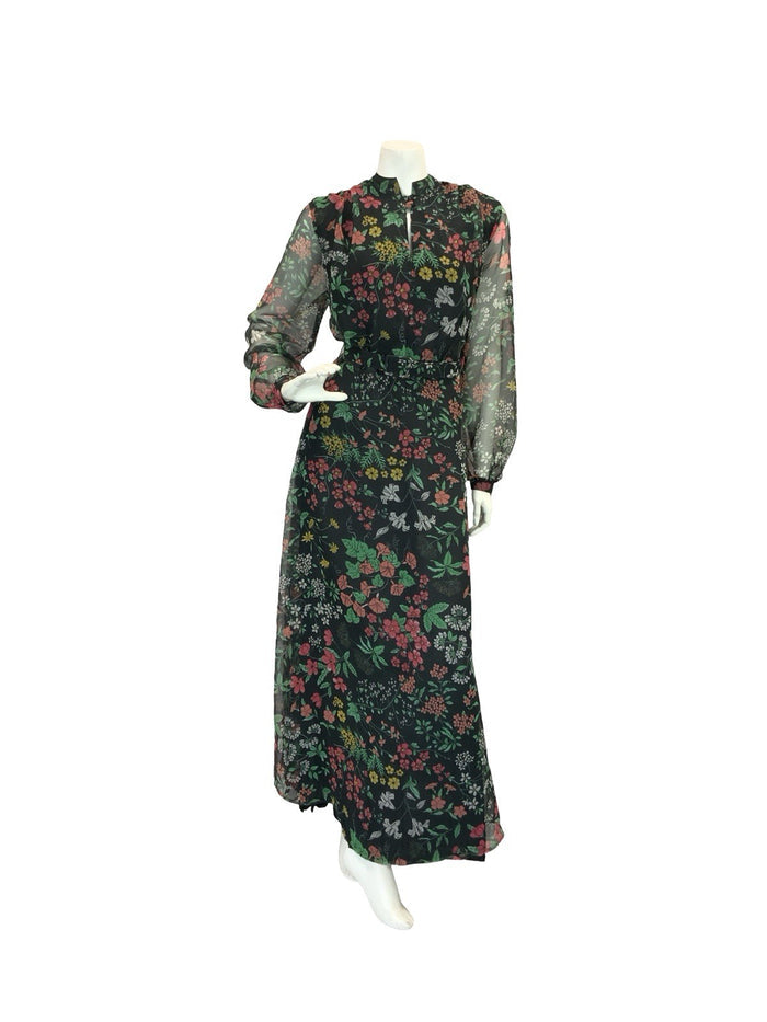 VTG 60S 70S BLACK RED GREEN YELLOW FLORAL MANDARIN MESH BELTED MAXI DRESS 12