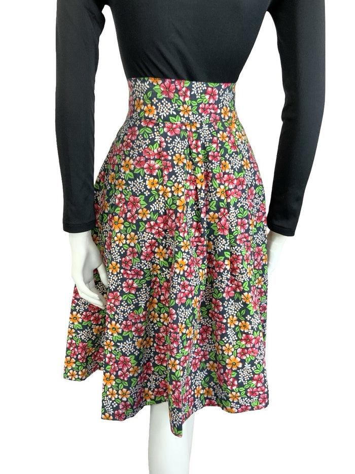 VTG 60S 70S BLACK RED ORANGE GREEN WHITE FLORAL COTTON SWING MIDI SKIRT 4