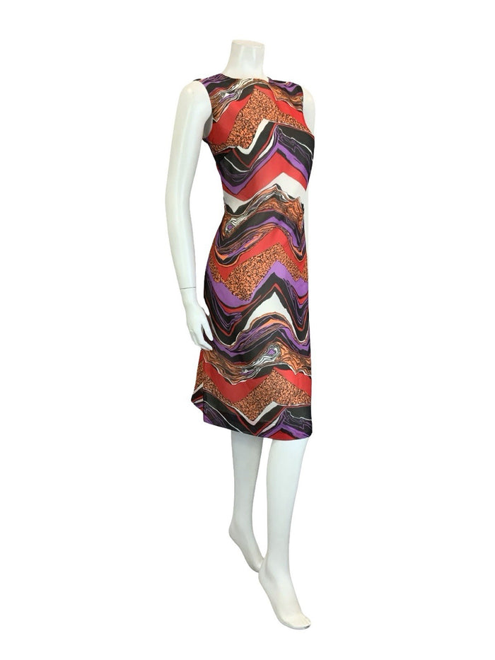 VTG 60S 70S BLACK RED PURPLE ORANGE WHITE PSYCHEDELIC CHEVRON SHIFT DRESS 12