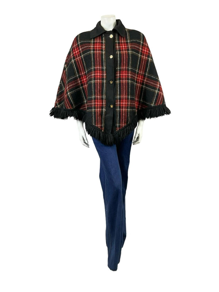 VTG 60S 70S BLACK RED WHITE ORANGE TARTAN PLAID FRINGE CAPE 14 16