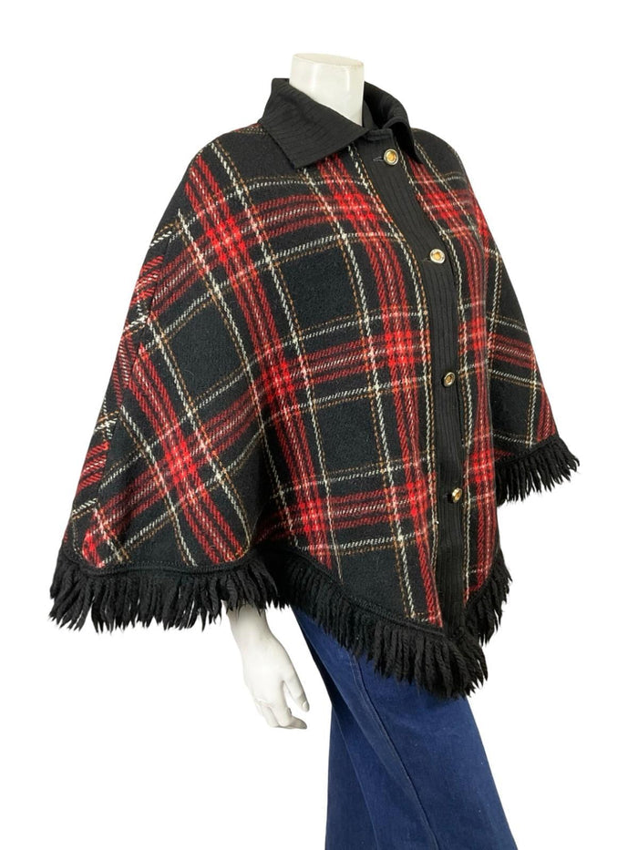 VTG 60S 70S BLACK RED WHITE ORANGE TARTAN PLAID FRINGE CAPE 14 16