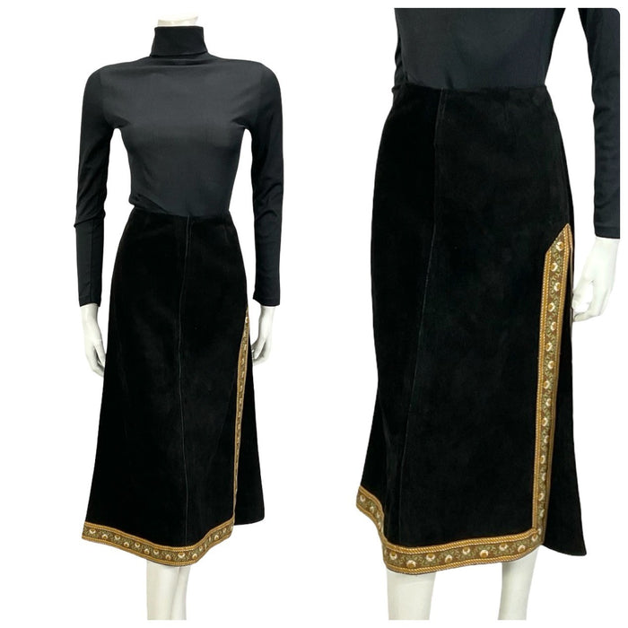 VTG 60S 70S BLACK SUEDE BROWN FOLK HIPPY BOHO FLORAL SIDE SLIT MIDI SKIRT XS 6