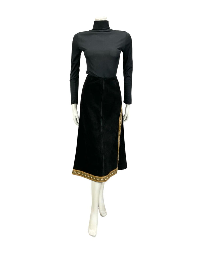 VTG 60S 70S BLACK SUEDE BROWN FOLK HIPPY BOHO FLORAL SIDE SLIT MIDI SKIRT XS 6