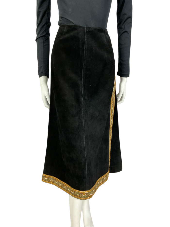 VTG 60S 70S BLACK SUEDE BROWN FOLK HIPPY BOHO FLORAL SIDE SLIT MIDI SKIRT XS 6