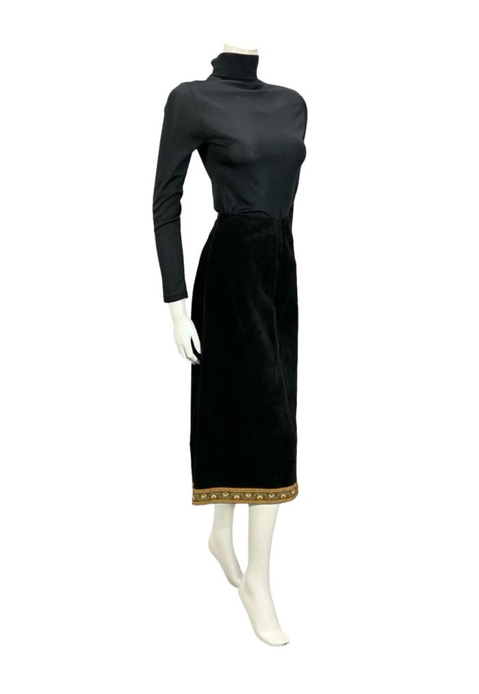 VTG 60S 70S BLACK SUEDE BROWN FOLK HIPPY BOHO FLORAL SIDE SLIT MIDI SKIRT XS 6
