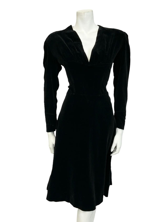 VTG 60S 70S BLACK VELVET LONG SLEEVE RUCHED PLUNGING MONOCHROME DRESS 10 12