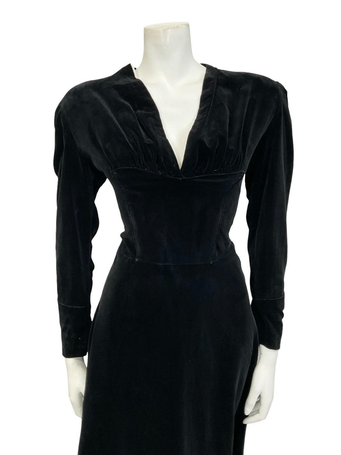 VTG 60S 70S BLACK VELVET LONG SLEEVE RUCHED PLUNGING MONOCHROME DRESS 10 12