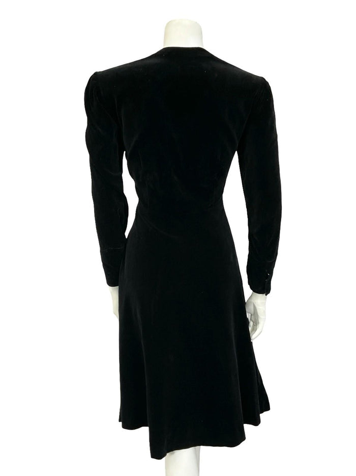 VTG 60S 70S BLACK VELVET LONG SLEEVE RUCHED PLUNGING MONOCHROME DRESS 10 12