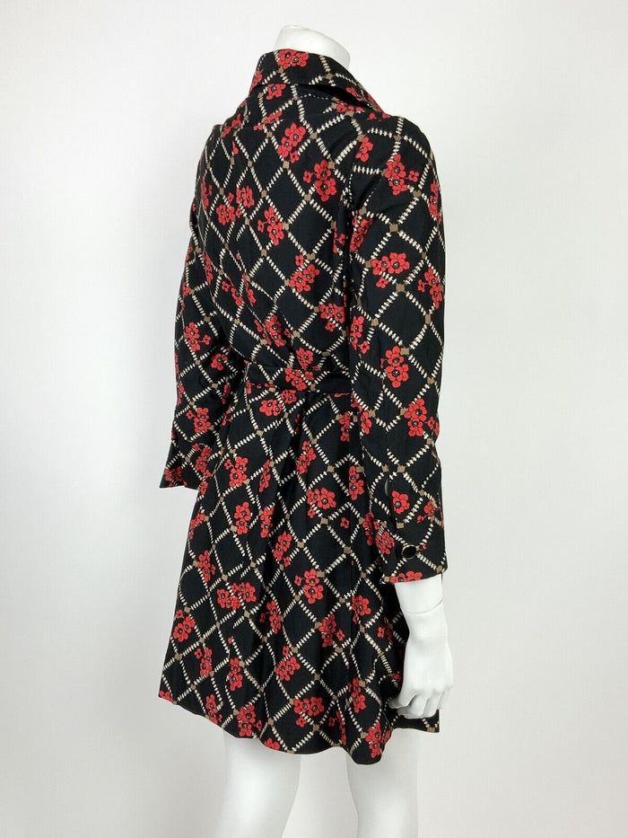 VTG 60s 70s BLACK WHITE BROWN RED GRID FLORAL POPPY WING COLLAR BELTED DRESS 12