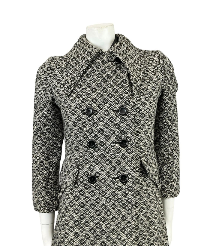 VTG 60S 70S BLACK WHITE MOD GEOMETRIC DIAMOND DAGGER COLLAR DOUBLE BREAST COAT 8