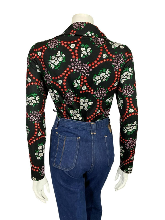 VTG 60S 70S BLACK WHITE RED PINK MOD DAGGER NOTCH LAPEL FLORAL DAISY SHIRT 12