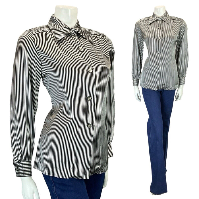 VTG 60S 70S BLACK WHITE SILKY SHINY MINI DAGGER COLLAR STRIPED PARTY SHIRT 10