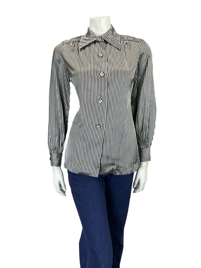 VTG 60S 70S BLACK WHITE SILKY SHINY MINI DAGGER COLLAR STRIPED PARTY SHIRT 10