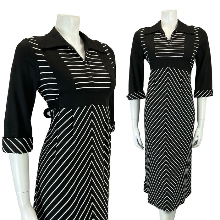 VTG 60S 70S BLACK WHITE STRIPE EMPIRE TIE WAIST OPEN WING COLLAR MIDI DRESS 10
