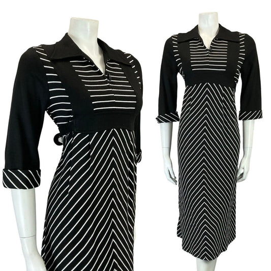 VTG 60S 70S BLACK WHITE STRIPE EMPIRE TIE WAIST OPEN WING COLLAR MIDI DRESS 10