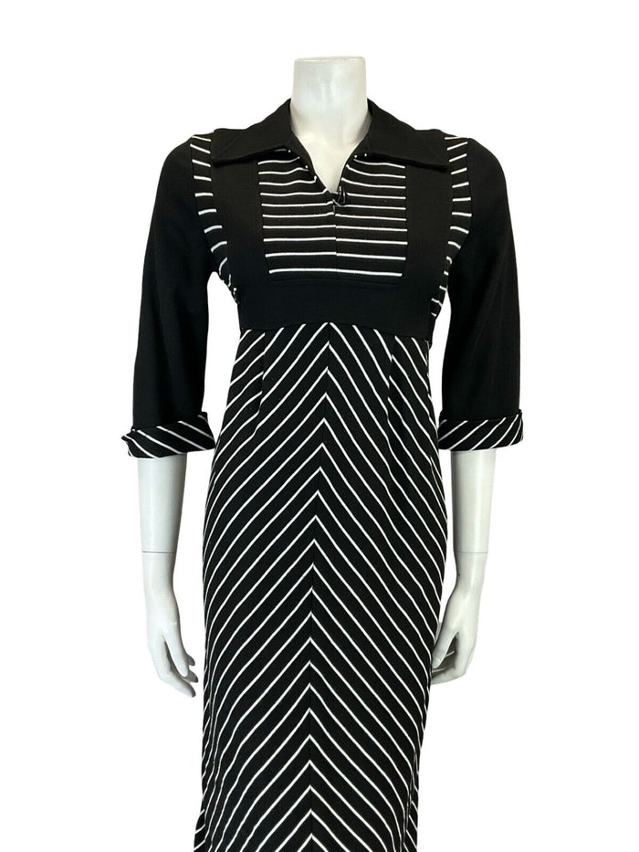 VTG 60S 70S BLACK WHITE STRIPE EMPIRE TIE WAIST OPEN WING COLLAR MIDI DRESS 10