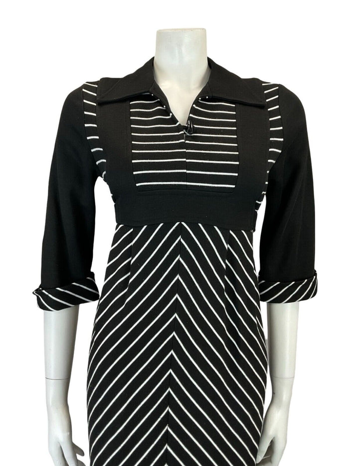 VTG 60S 70S BLACK WHITE STRIPE EMPIRE TIE WAIST OPEN WING COLLAR MIDI DRESS 10