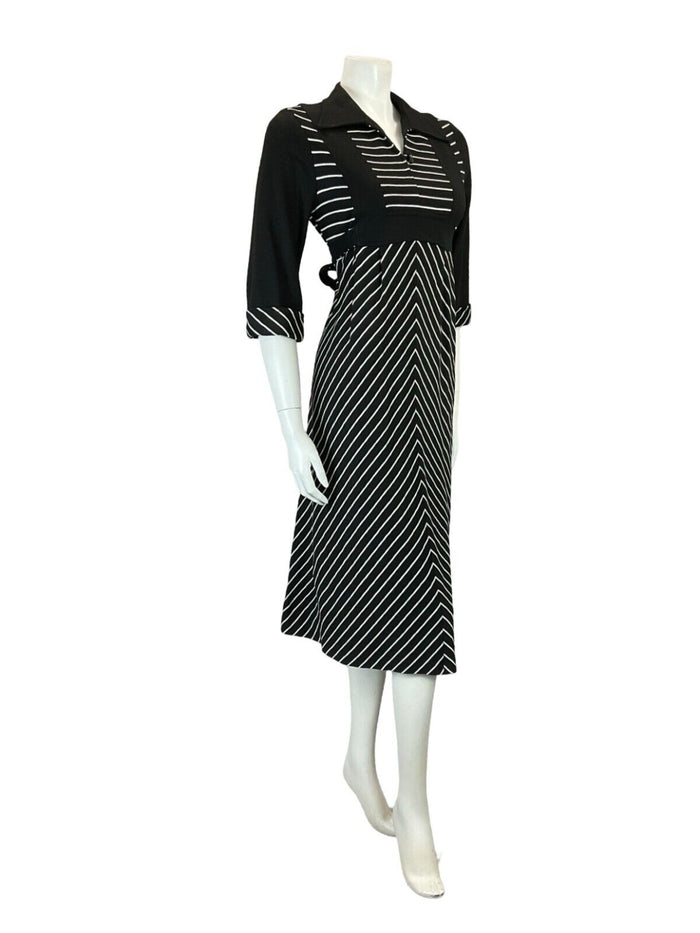 VTG 60S 70S BLACK WHITE STRIPE EMPIRE TIE WAIST OPEN WING COLLAR MIDI DRESS 10