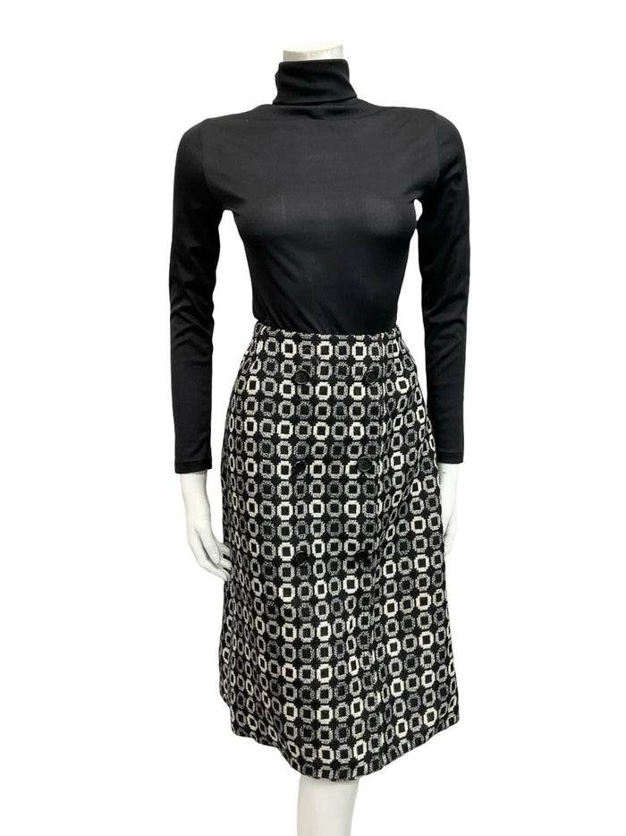 VTG 60S 70S BLACK WHITE WOOL GEOMETRIC CIRCLE TILE PRINT DOUBLE BREAST SKIRT 12