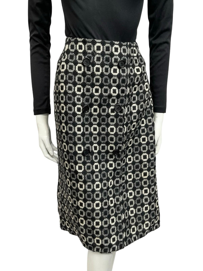 VTG 60S 70S BLACK WHITE WOOL GEOMETRIC CIRCLE TILE PRINT DOUBLE BREAST SKIRT 12