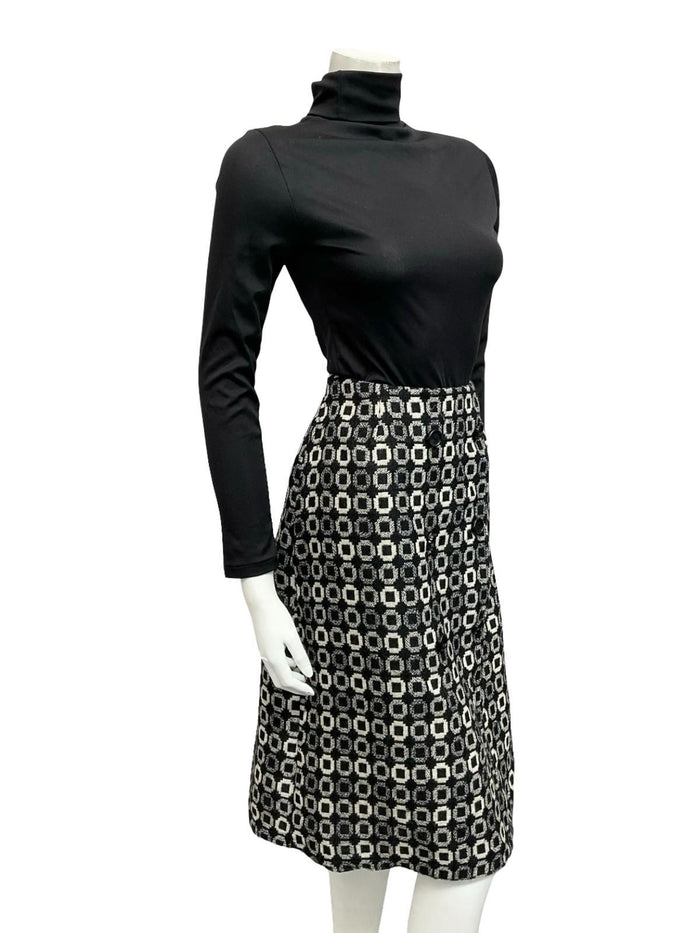 VTG 60S 70S BLACK WHITE WOOL GEOMETRIC CIRCLE TILE PRINT DOUBLE BREAST SKIRT 12