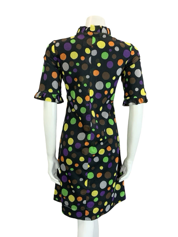 VTG 60S 70S BLACK YELLOW GREEN ORANGE PURPLE DOTTY RUFFLE SHIFT DRESS 12