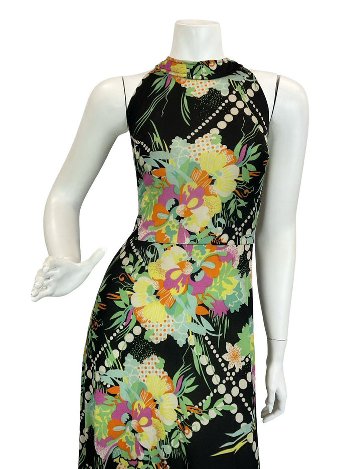 VTG 60S 70S BLACK YELLOW GREEN PINK WHITE DOTTY FLORAL HALTER NECK MAXI DRESS 8