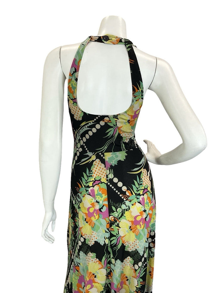 VTG 60S 70S BLACK YELLOW GREEN PINK WHITE DOTTY FLORAL HALTER NECK MAXI DRESS 8