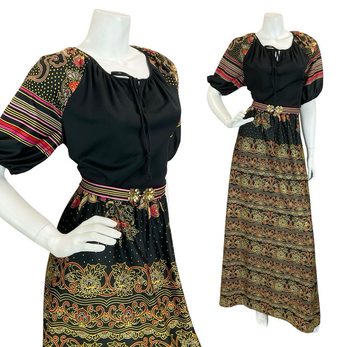 VTG 60S 70S BLACK YELLOW RED PINK FOLK BOHO STRIPE BELTED MAXI DRESS 14 16