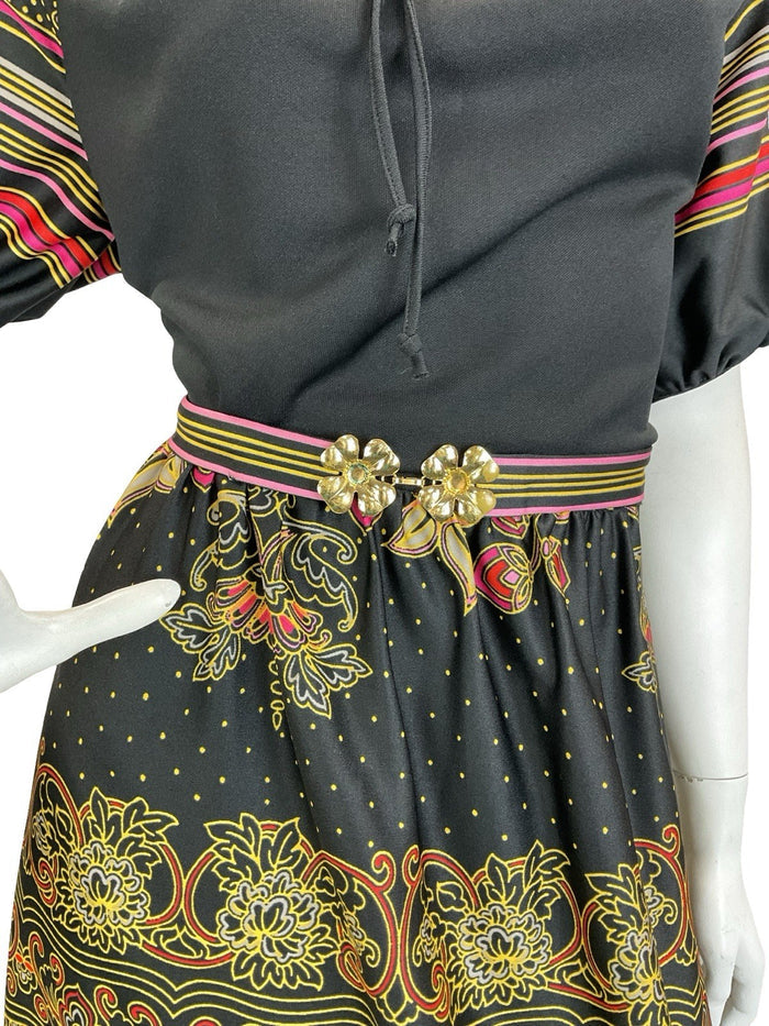 VTG 60S 70S BLACK YELLOW RED PINK FOLK BOHO STRIPE BELTED MAXI DRESS 14 16