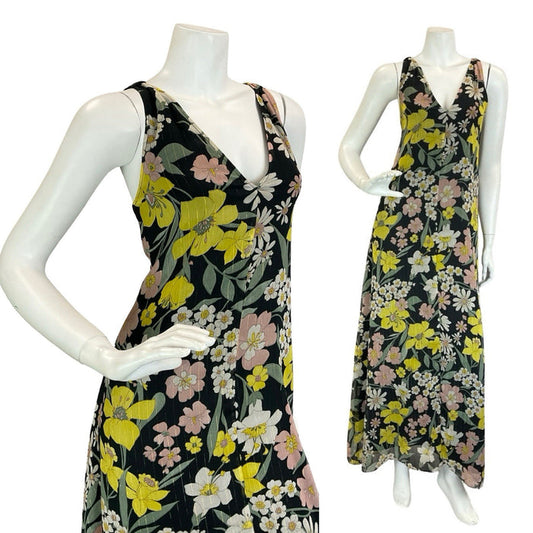 VTG 60S 70S BLACK YELLOW WHITE GREEN PINK FLORAL DAFFODIL DAISY MAXI DRESS 12
