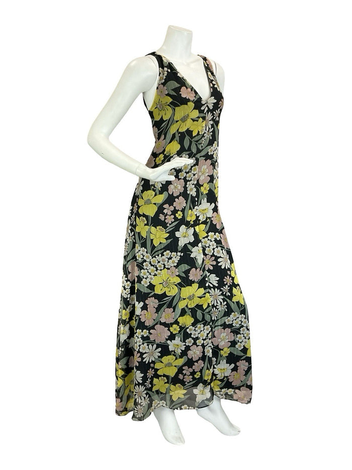 VTG 60S 70S BLACK YELLOW WHITE GREEN PINK FLORAL DAFFODIL DAISY MAXI DRESS 12