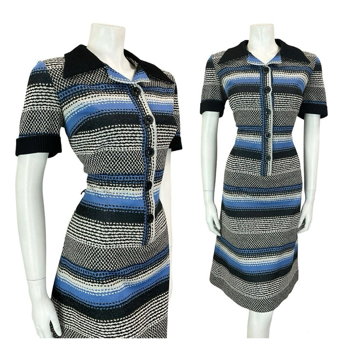 VTG 60S 70S BLACXK WHITE BLUE PSYCHEDELIC GEOMETRIC STRIPE DAGGER SHIRT DRESS 14