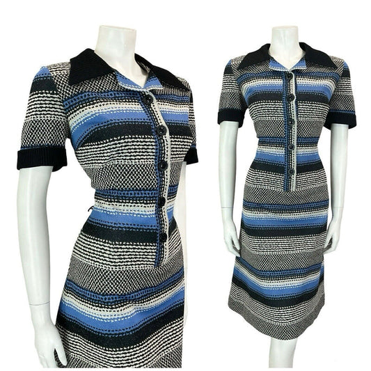 VTG 60S 70S BLACXK WHITE BLUE PSYCHEDELIC GEOMETRIC STRIPE DAGGER SHIRT DRESS 14