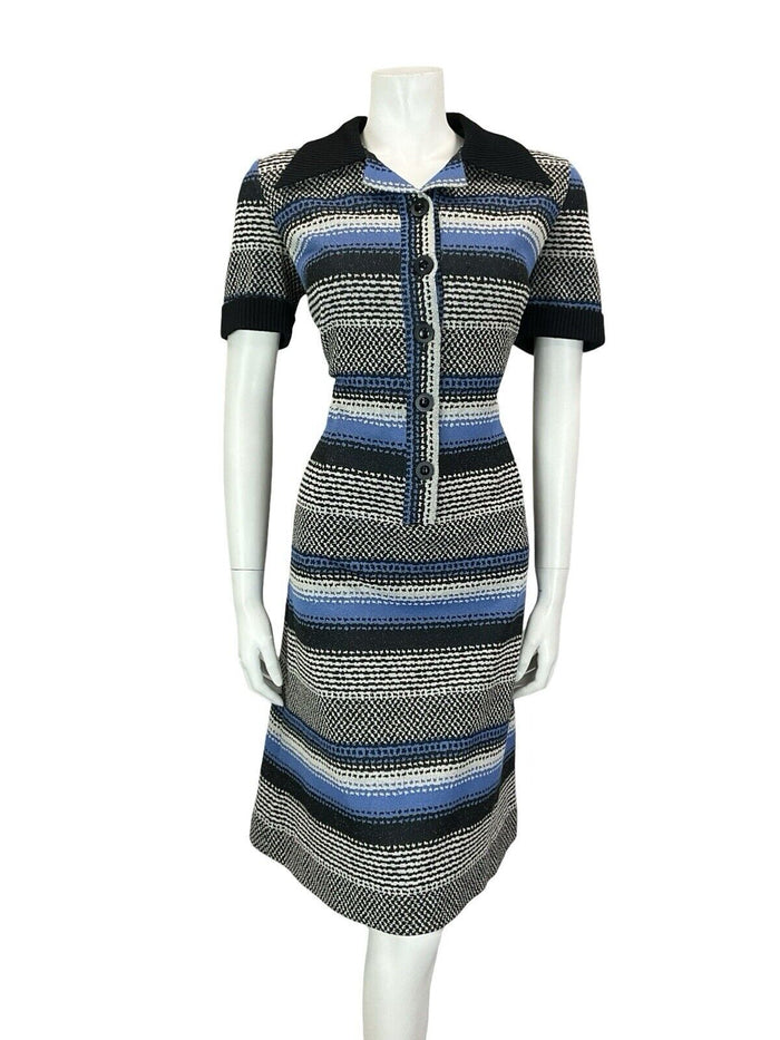 VTG 60S 70S BLACXK WHITE BLUE PSYCHEDELIC GEOMETRIC STRIPE DAGGER SHIRT DRESS 14