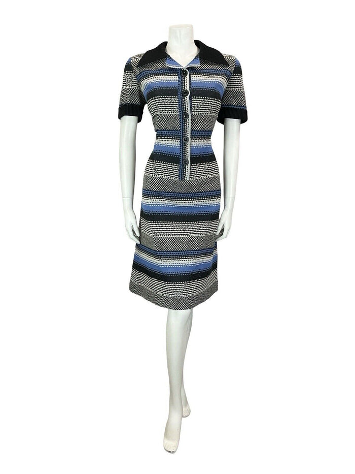 VTG 60S 70S BLACXK WHITE BLUE PSYCHEDELIC GEOMETRIC STRIPE DAGGER SHIRT DRESS 14