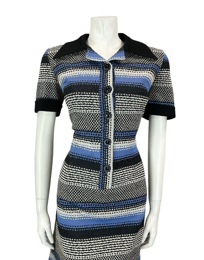 VTG 60S 70S BLACXK WHITE BLUE PSYCHEDELIC GEOMETRIC STRIPE DAGGER SHIRT DRESS 14
